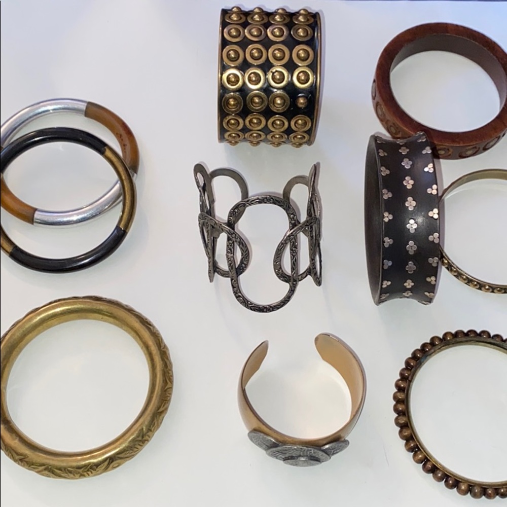 10 mixed metal and wood bracelets